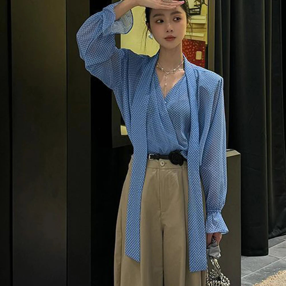 Long Sleeve Blue Polka Dot V Neck Chiffon Sun Protection Shirt for Women