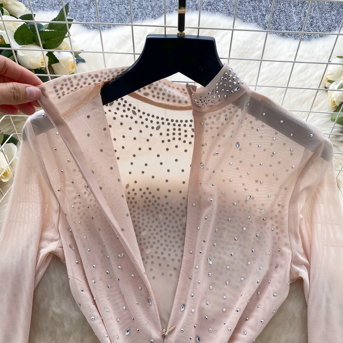 Sheer Long Sleeve Zipper Mesh Romper With Shorts for Women
