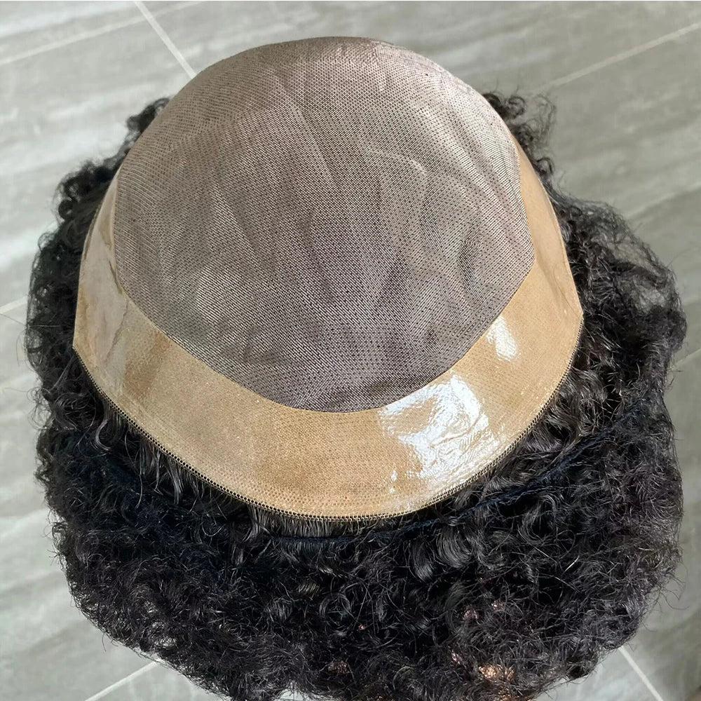 Curly Human Hair Toupee Replacement System for Men