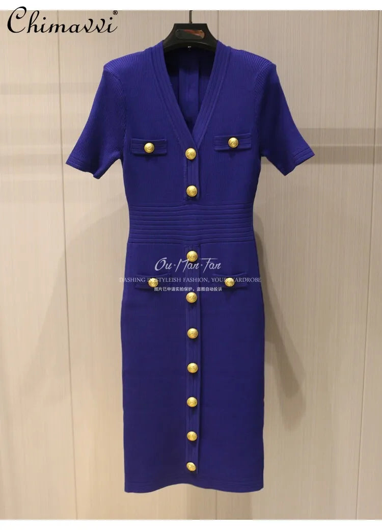 2026 Summer Fashion V-neck Metallic Buckle Knit Bodycon Midi Dress Women's Commute Slim Fit Elegant Short Sleeve Dresses