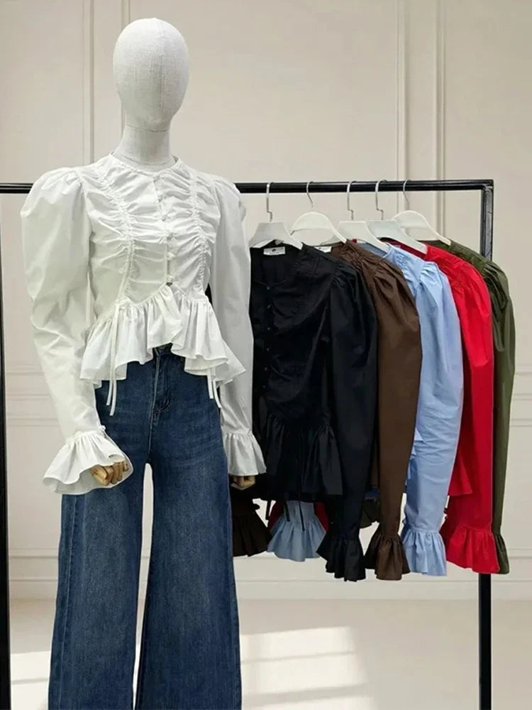 Chic Solid Ruffle Pleated Puff Sleeve Shirt for Women