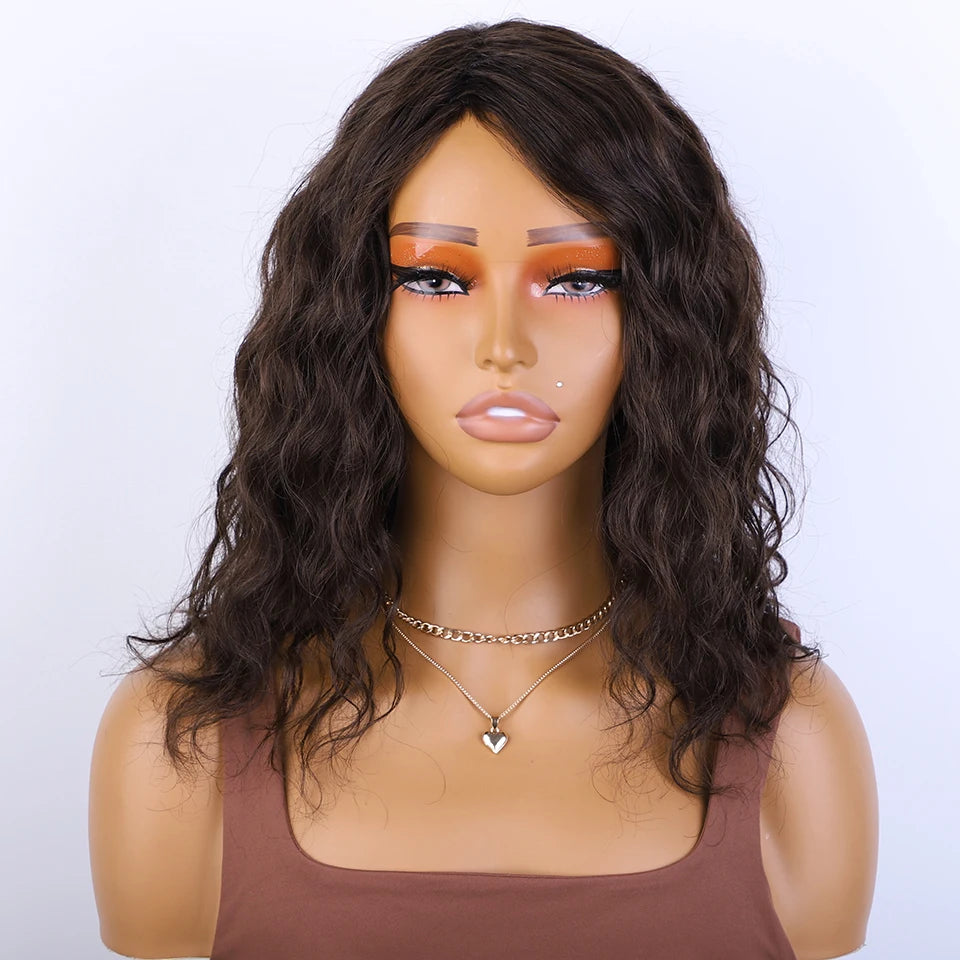 Natural Brown Pixie Cut Water Wave Human Hair Wig For Women