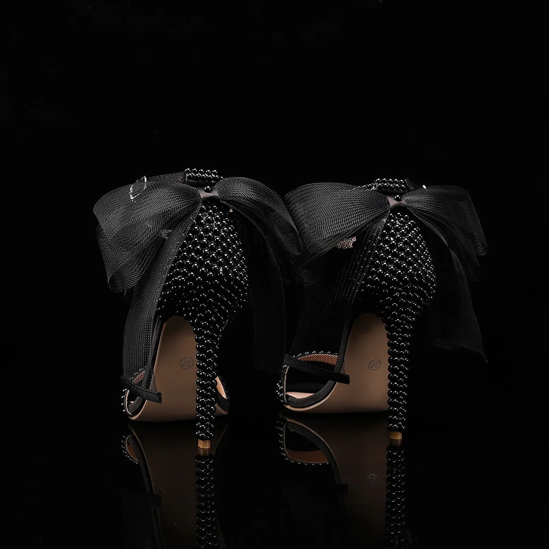 Elegant Pearl Beaded Mesh Bowknot Sandals for Women