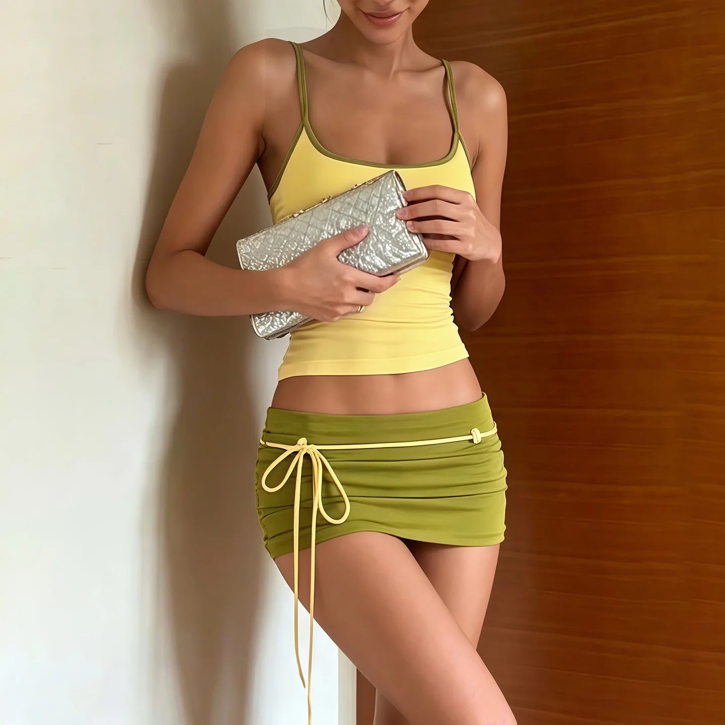 Color Blocking Two Piece Set Backless Camisole And Tassel Skirt for Women