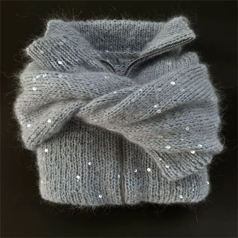 Sequins Knit Women 's Sweater Elegant Stand Collar Y2k Full Sleeve Sweaters Lady 2025 New Autumn Winter Woman Jacket Knitwear