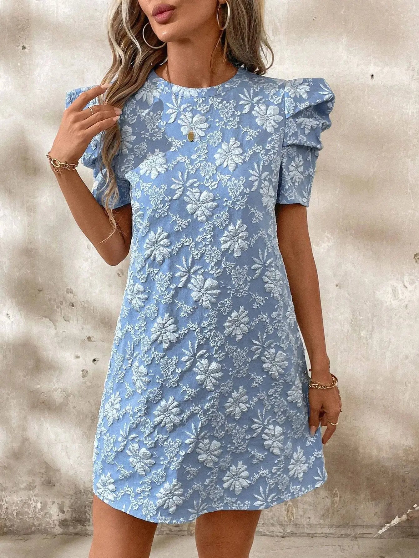 Textured Jacquard Puff Sleeve Midi Dress for Women