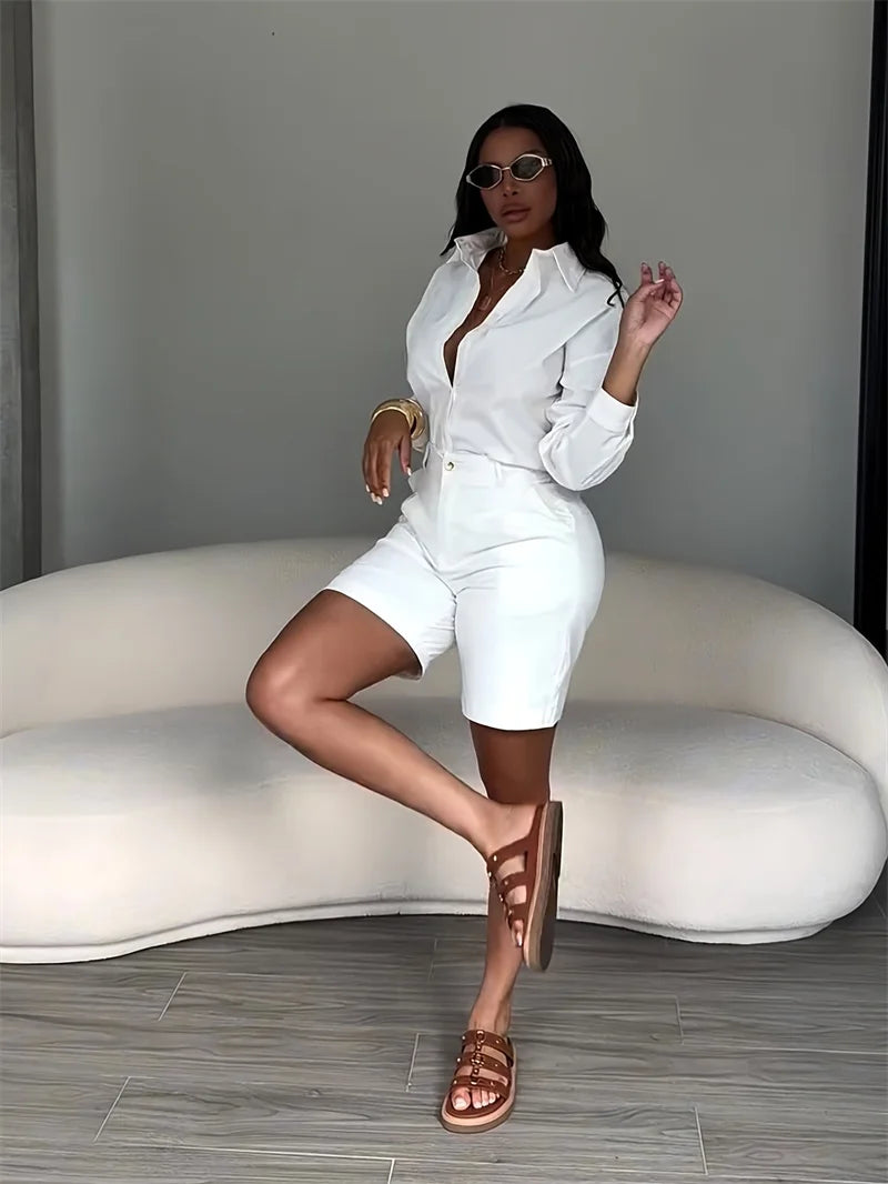 Solid Elegant Casual Long Sleeve Top and Shorts Two Piece Set for Women