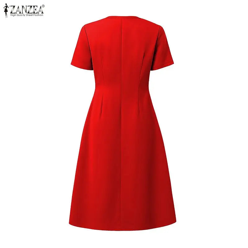 Pleated V Neck Knee Length Dress