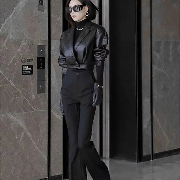 Trendy Faux Leather Blazer And Flared Pants Set For Women