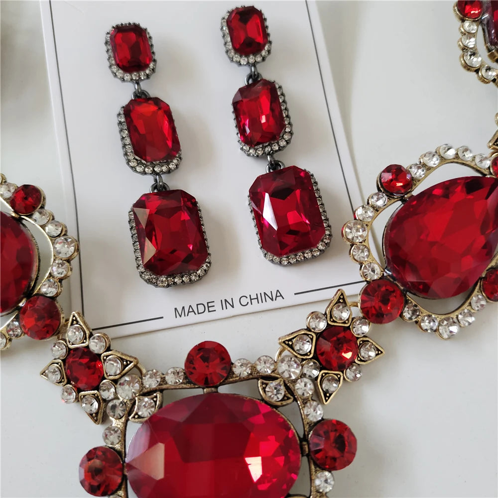 Red Crystal Statement Necklace and Earrings Set for Women