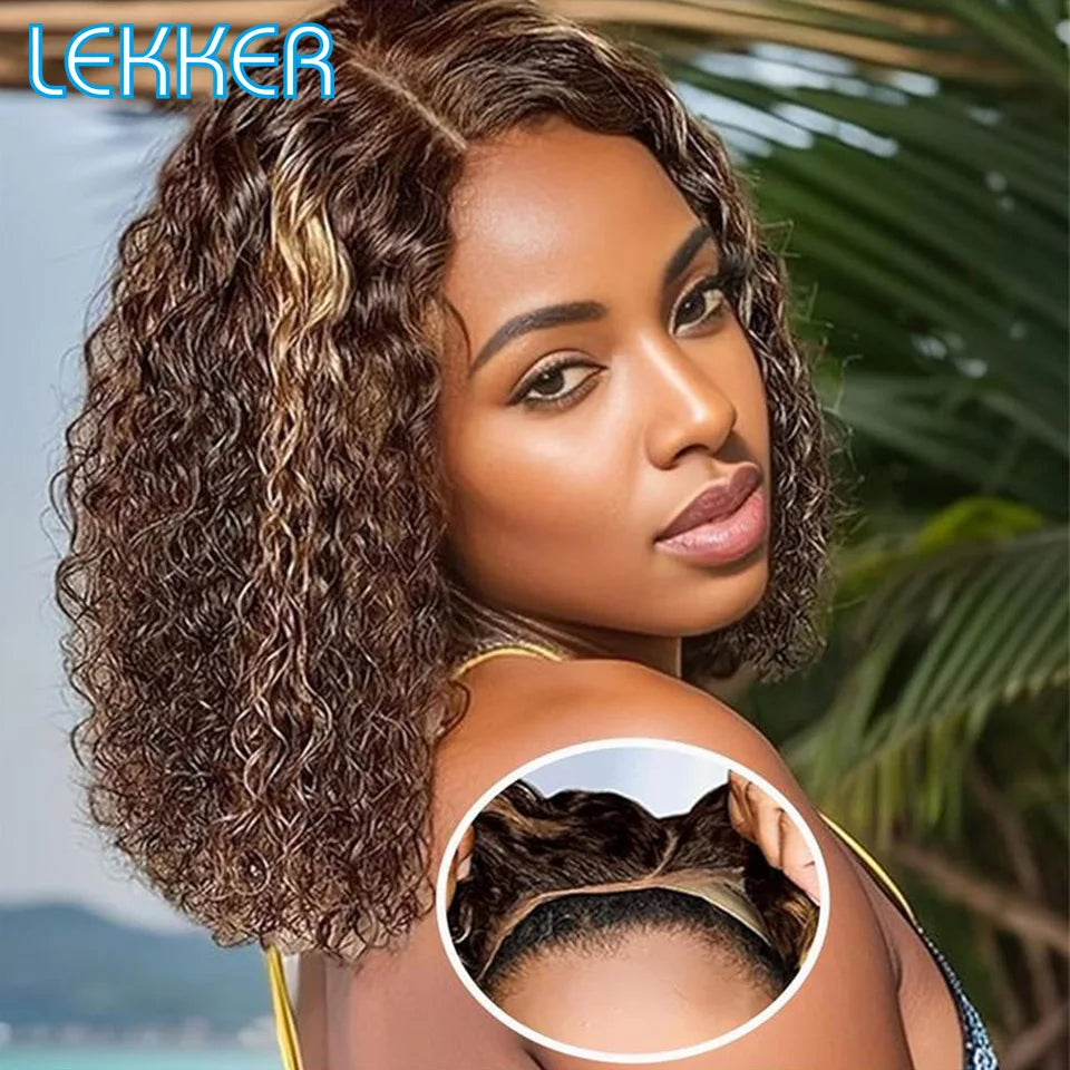 Ombre Brown Kinky Curly Glueless Bob Lace Wig for Women