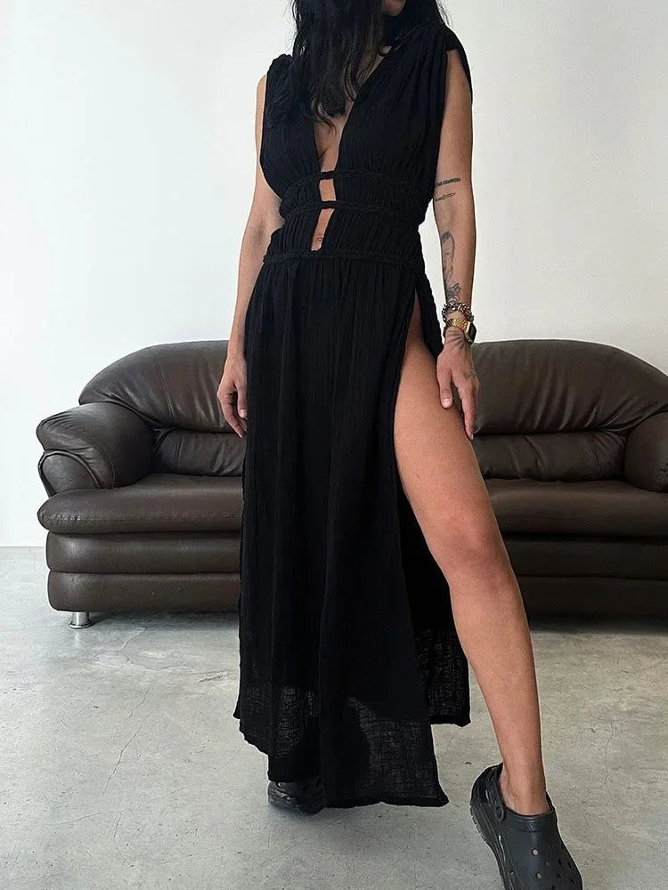2025 Sexy Swimsuit Cover Up V Neck Back Open Beach Maxi Dress For Women Braided Belt Slit Long Tunic Vintage Party Dresses A2922