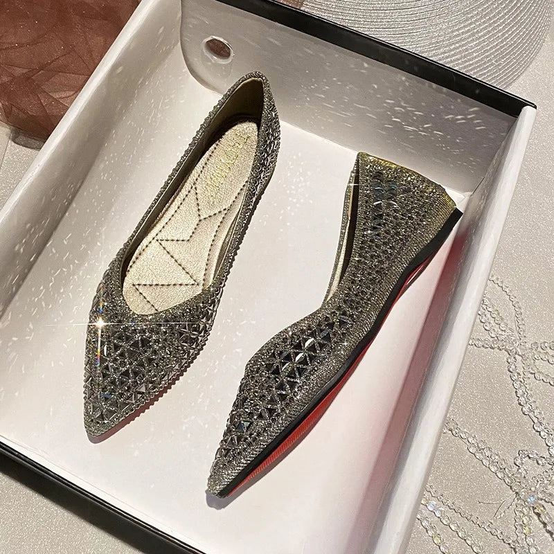 Sparkling Rhinestone Pointed Toe Ballet Flats for Women