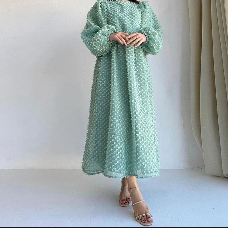 Pleated Lantern Sleeve Ankle Length Dress for Women