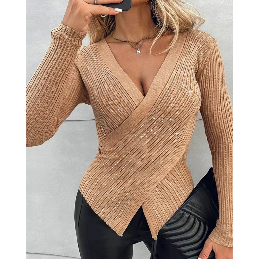 Autumn Rhinestone Decor Criss Cross Knit Sweater for Women Fashion V Neck Long Sleeve Knitted Top Casual Outwear Korean Style