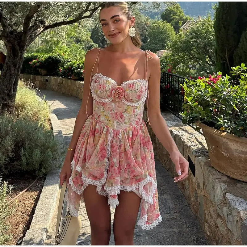Floral Lace Backless Pleated Party Dress for Women