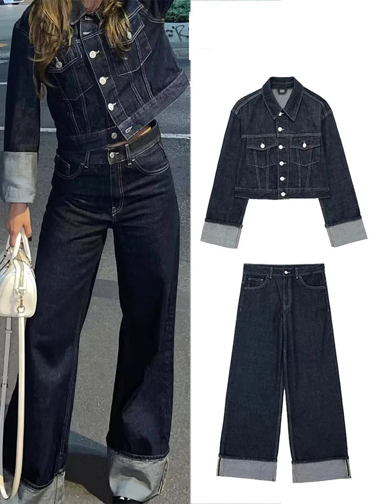 Retro Spliced Street Denim Two Piece Set for Women