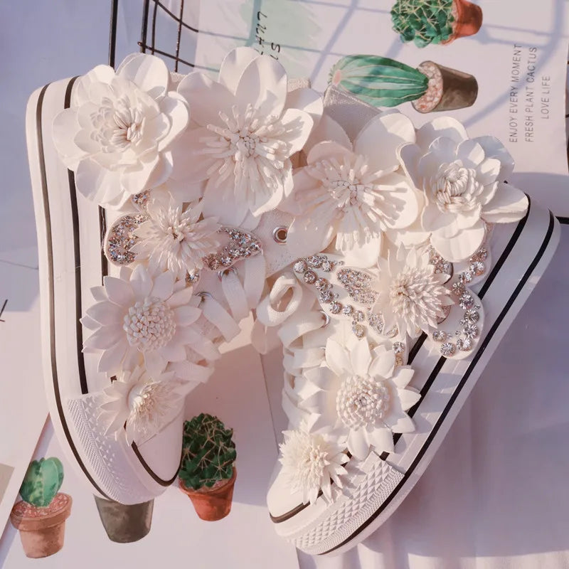 Floral Lace Up High Top Canvas Sneakers for Women