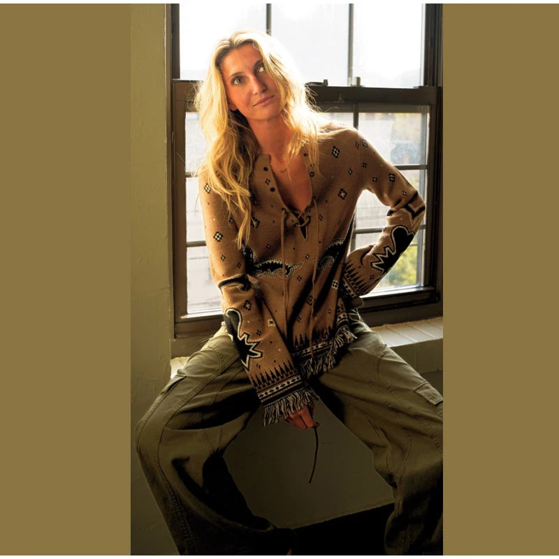 Ethnic Tassel Women 's Sweater Knitted V-neck Bandage Thicken Full Sleeve Jumper For Woman Winter Woman Coats Jacket Knitwear