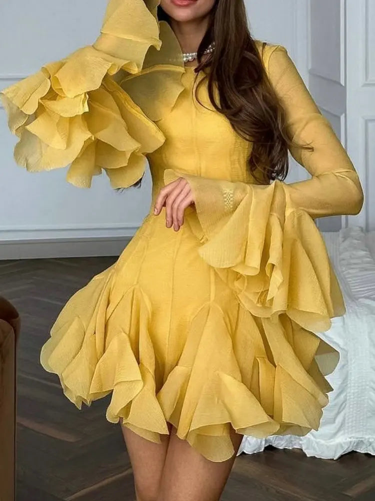 French Style Ruffle Hem Flare Sleeve Mini Dress for Women
