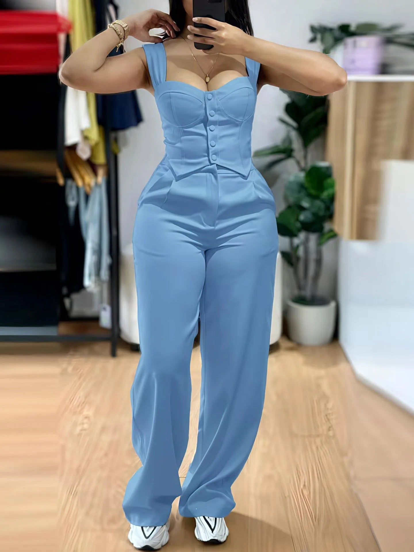 Elegant Solid Color Strapless Suspender Vest Trousers Two-Piece Set for Women