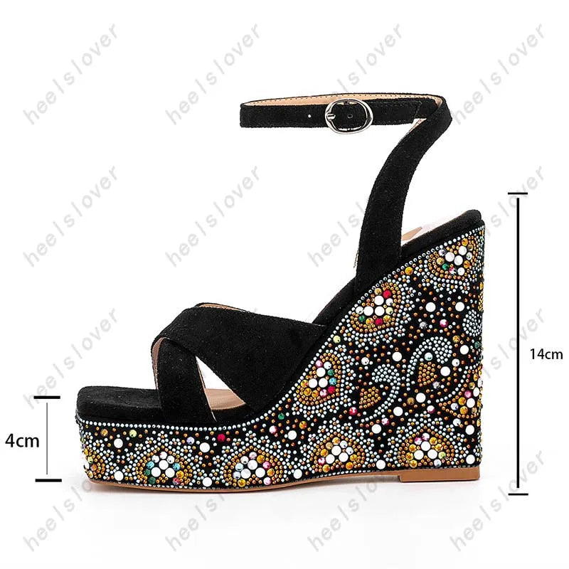Elegant Rhinestone Square Toe Platform Wedge Sandals for Women
