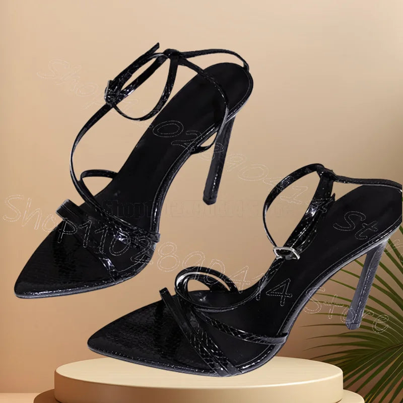 Black Alligator Print Strappy High Heel Sandals for Women