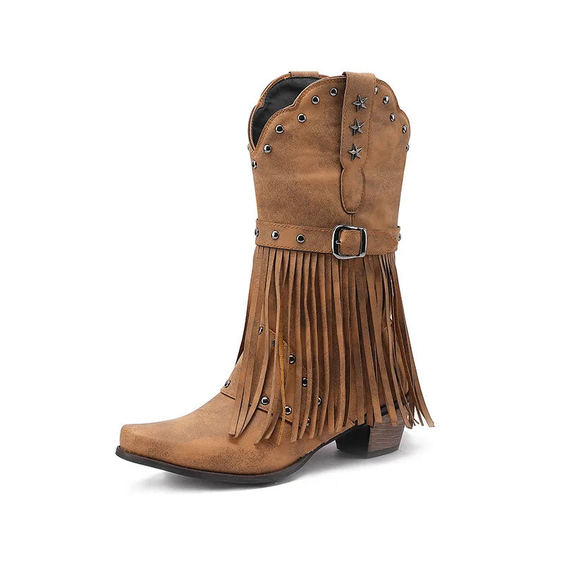 Western Fringed Riveted Block Heel Knee Boots for Women