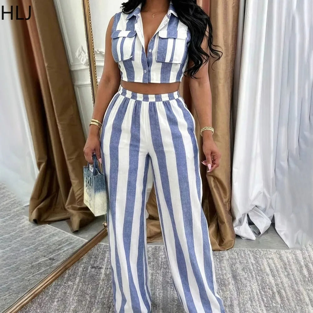 Striped Crop Top and Wide Leg Pants Two Piece Set for Women