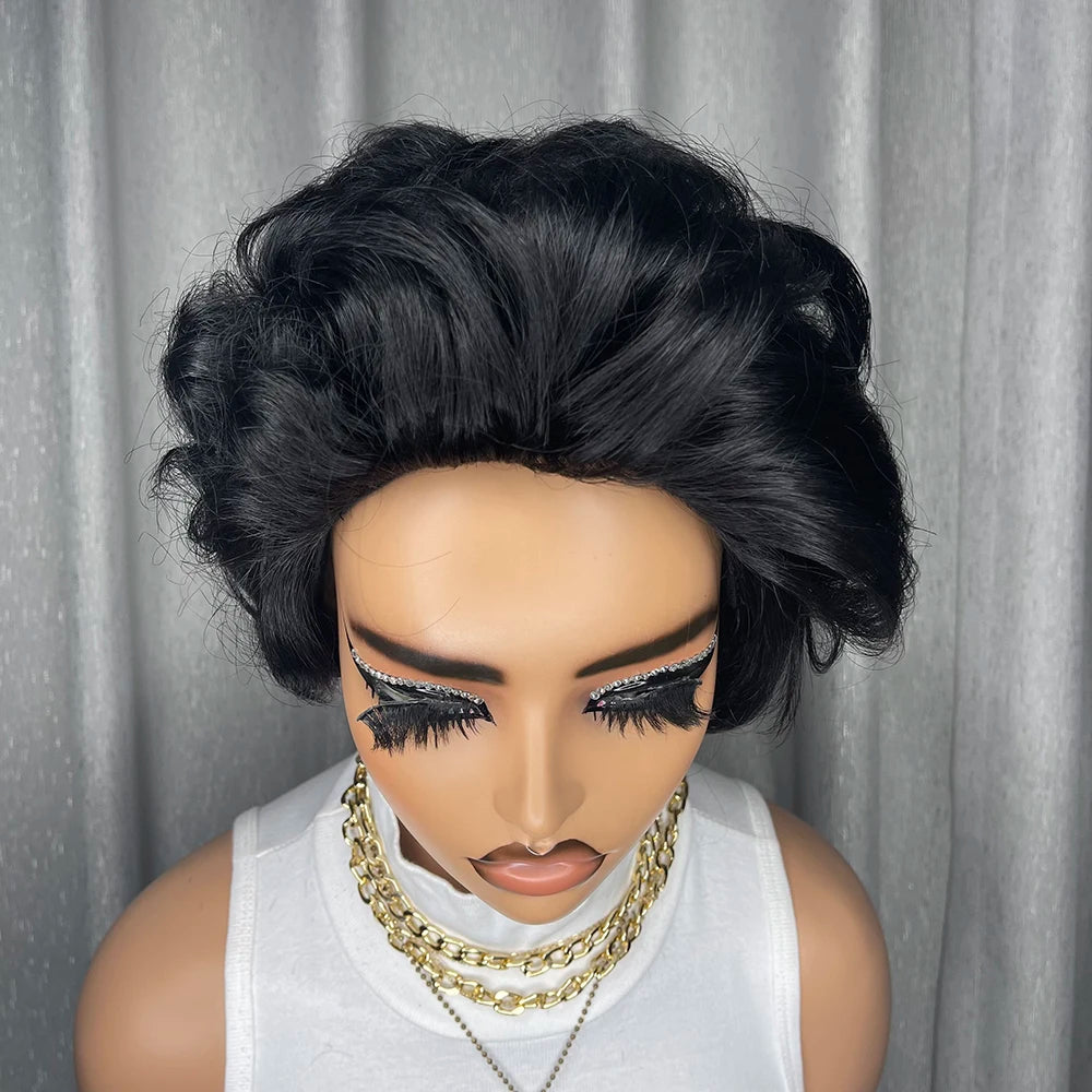 Pixie Cut Wig Brazilian Human Hair Wigs Short Curly Bob with Pre Plucked Bangs for Black Women Full Machine Made Water Wave Wig