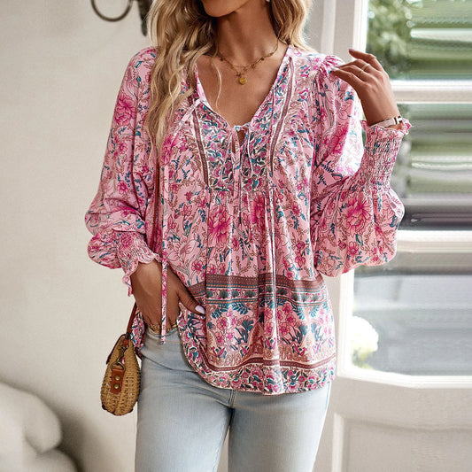 2025 Spring Summer Printed Shirt Women Elegant Chiffon V-neck Long-sleeve Top