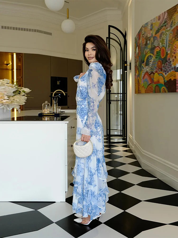 Cascading Ruffle Print Long Sleeve Maxi Dress for Women
