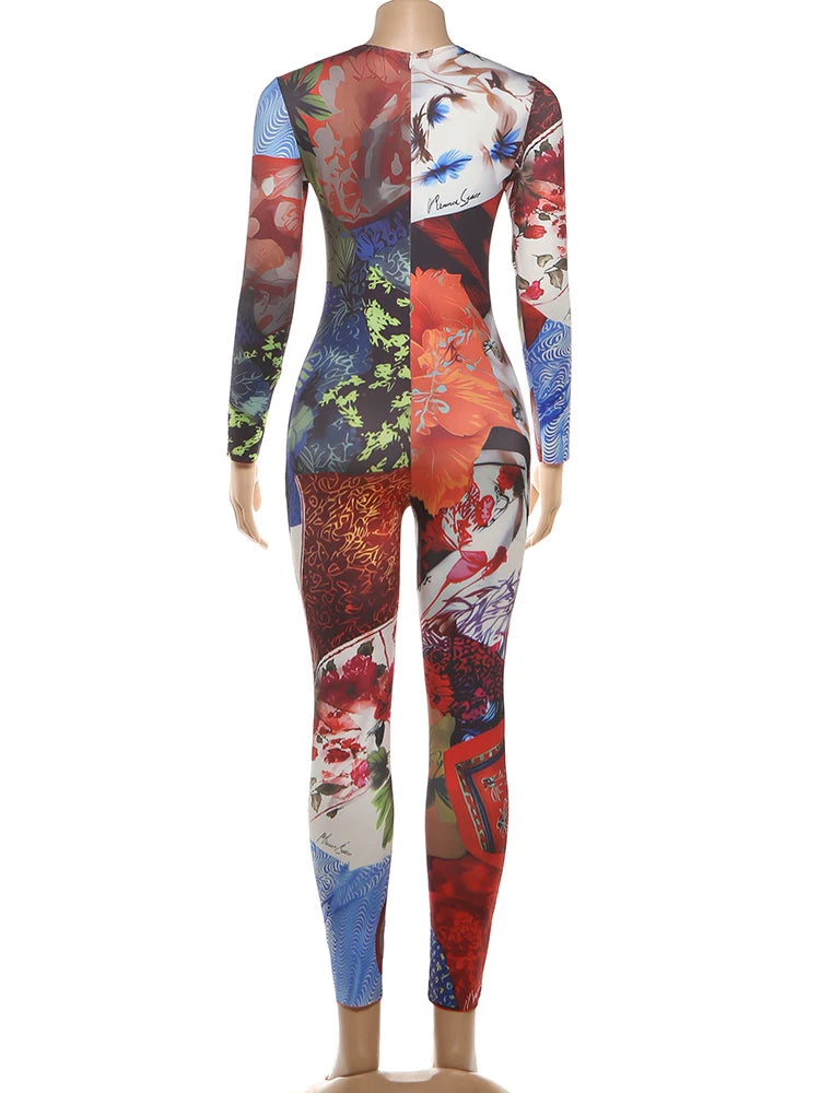 Colorful Patchwork Long Sleeve Jumpsuit Outfit for Women