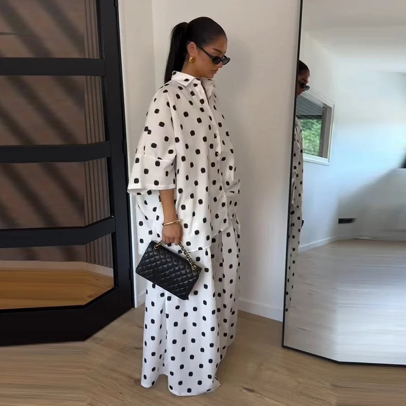 Elegant Polka Dot Shirt And Wide Leg Pants Set for Women