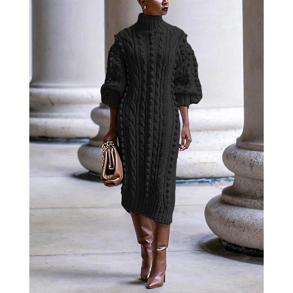 Autumn Women High Neck Twist Rope Lantern Sleeve Side Slit Knitted Sweater Dress New Fashion Femme Casual Dress Robe Clothing