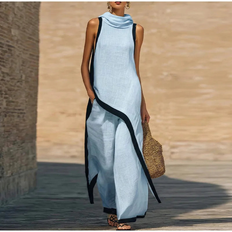 Casual Solid Blouse and Wide Leg Trousers for Women