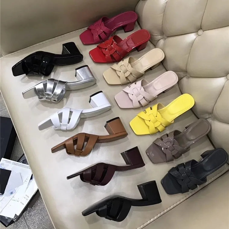 Knitted Square Heel Sandals With Slip On Soft Eva Insole Comfortable For Women