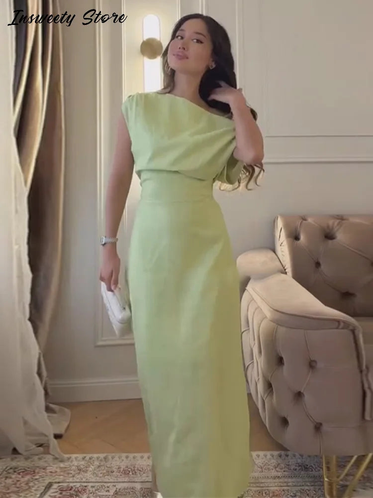 Elegant One Shoulder Side Split Ankle Length Dress for Women