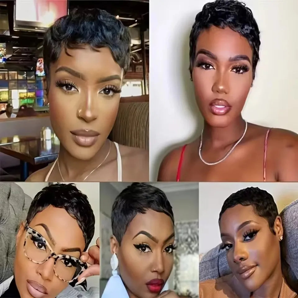 Black Short Straight Brazilian Hair Pixie Wig Preplucked Hairline For Women
