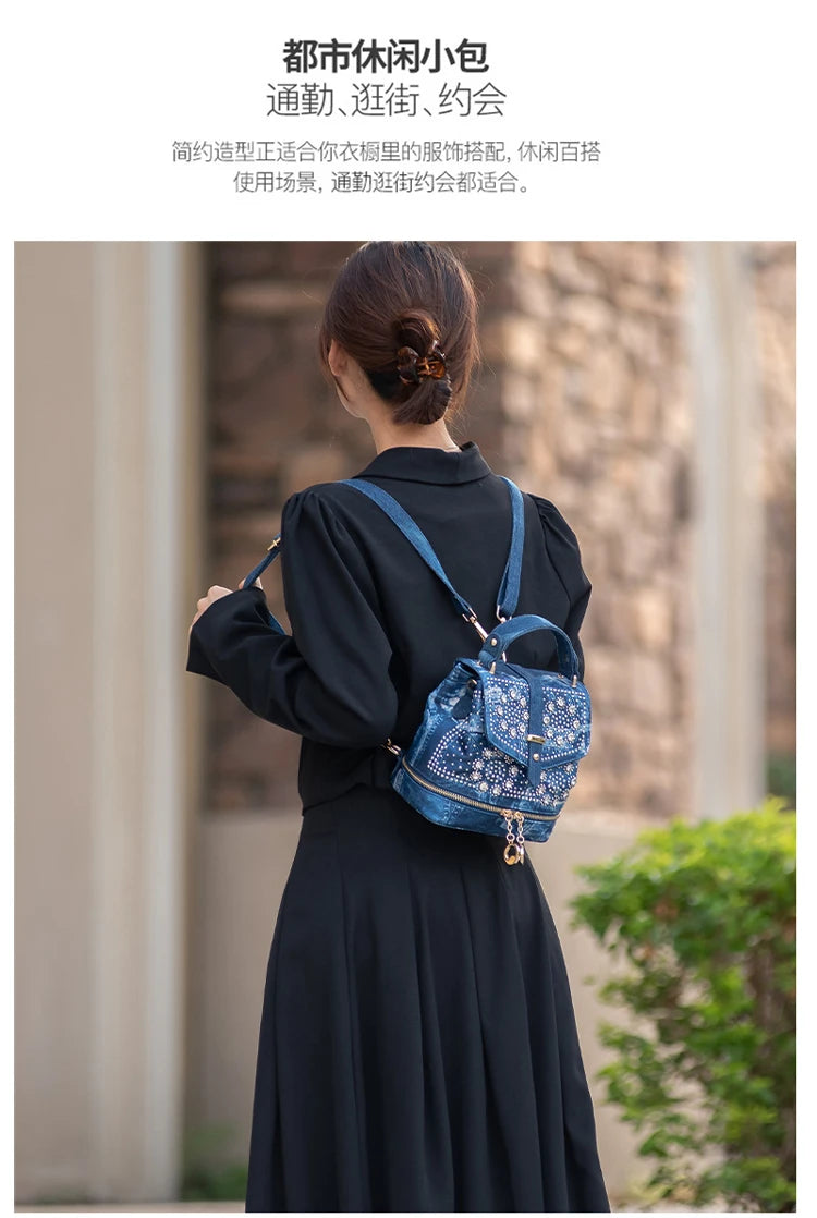 Diamond Embellished Denim Multiway Backpack for Women