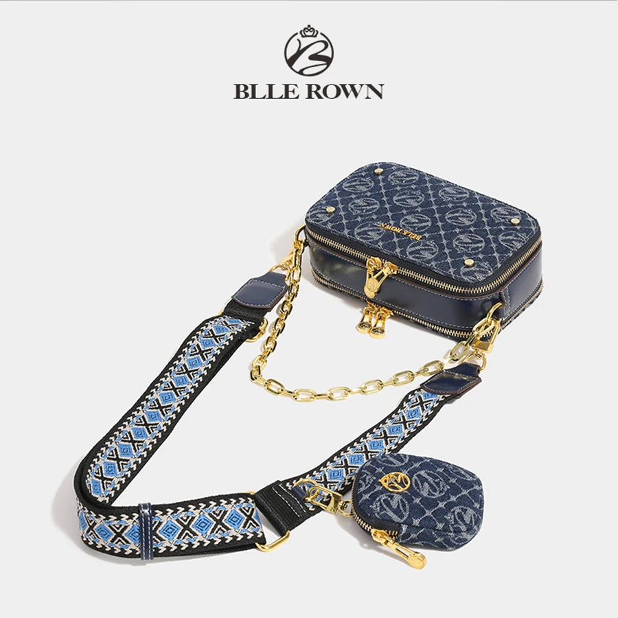Retro Blue Metal Chain Square Shoulder Bag for Women