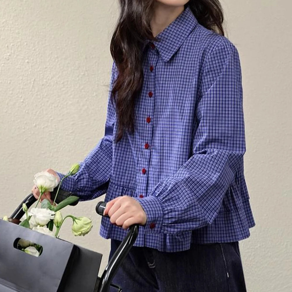 Blue Checkered Ruffle Trim Blouse With Turn Down Collar for Women
