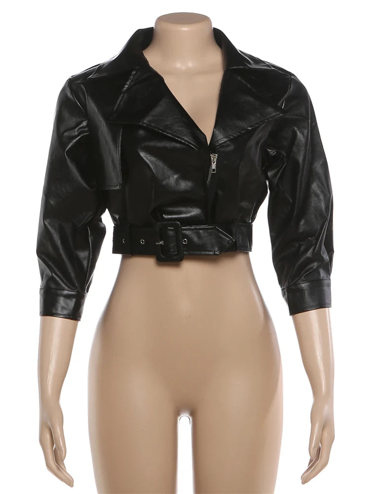 Elegant Belted Faux Leather Cropped Jacket for Women