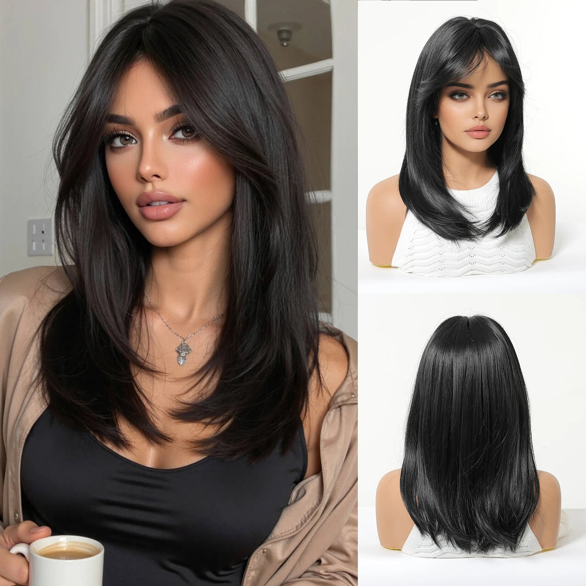 Medium Length Straight Blonde Wig With Bangs for Women