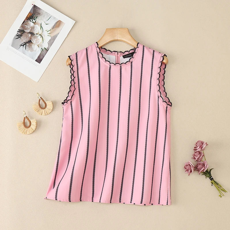 ZANZEA Women Fashion Striped Tanks Elegant Lace Trim Round Neck Sleeveless Tops 2025 Summer Lightweight Casual Tank Tops