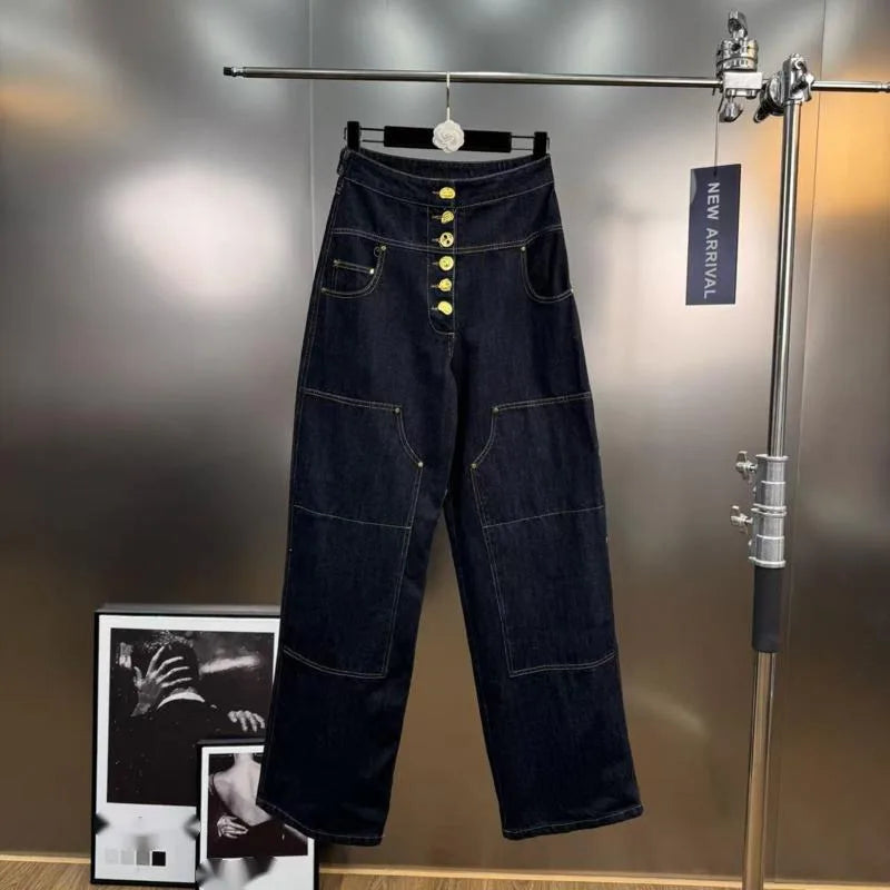 ANJY Autumn New Women's Streetwear Y2K Chic Fashion Safari Style Niche Personality Spliced Button Jeans Casual Denim Pants A7689