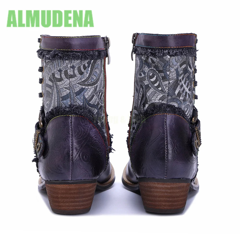Vintage Western Short Boots With Square Heel And Belt Buckle For Women
