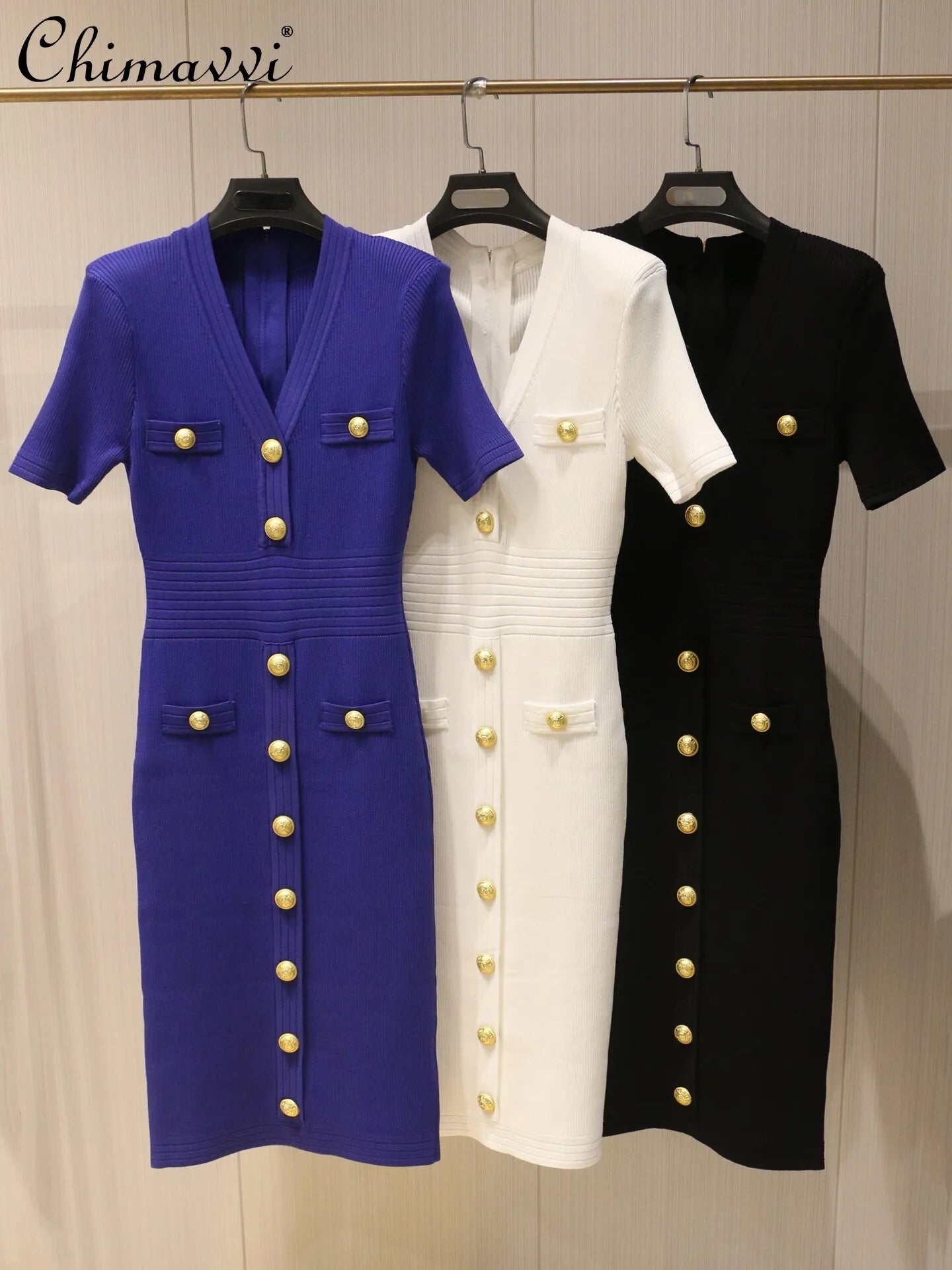 2026 Summer Fashion V-neck Metallic Buckle Knit Bodycon Midi Dress Women's Commute Slim Fit Elegant Short Sleeve Dresses