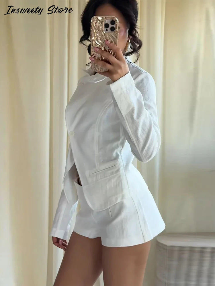 Casual Stand Collar Jacket and Shorts Set for Women
