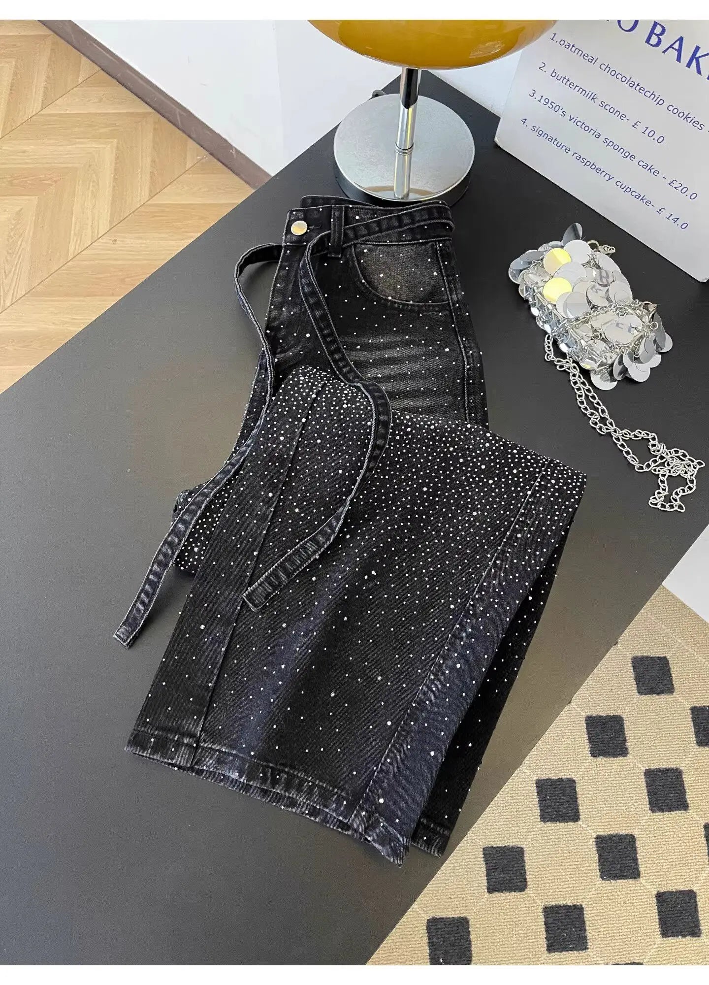 Glittering Rhinestone Wide Leg Denim Pants for Women